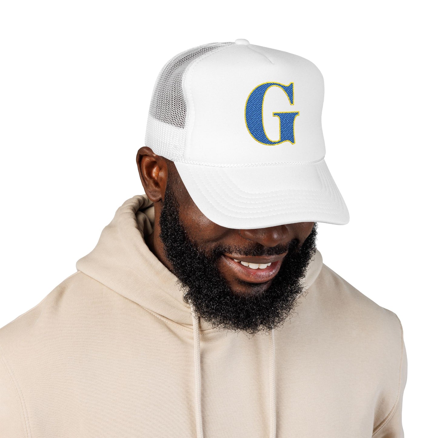 Embroidered Blue & Gold 'G' Trucker Hat — Monogram Letter Foam Cap - Gosnell