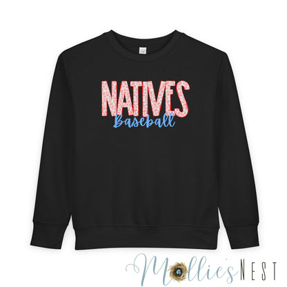 Natives Baseball Toddler Sweatshirt, Cute Kids Gift, Baseball Fan Apparel, Playful Toddler Gear, Sporty Children’s Clothing