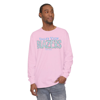Valley View Blazers Long Sleeve T-Shirt. Blue Leopard Letters