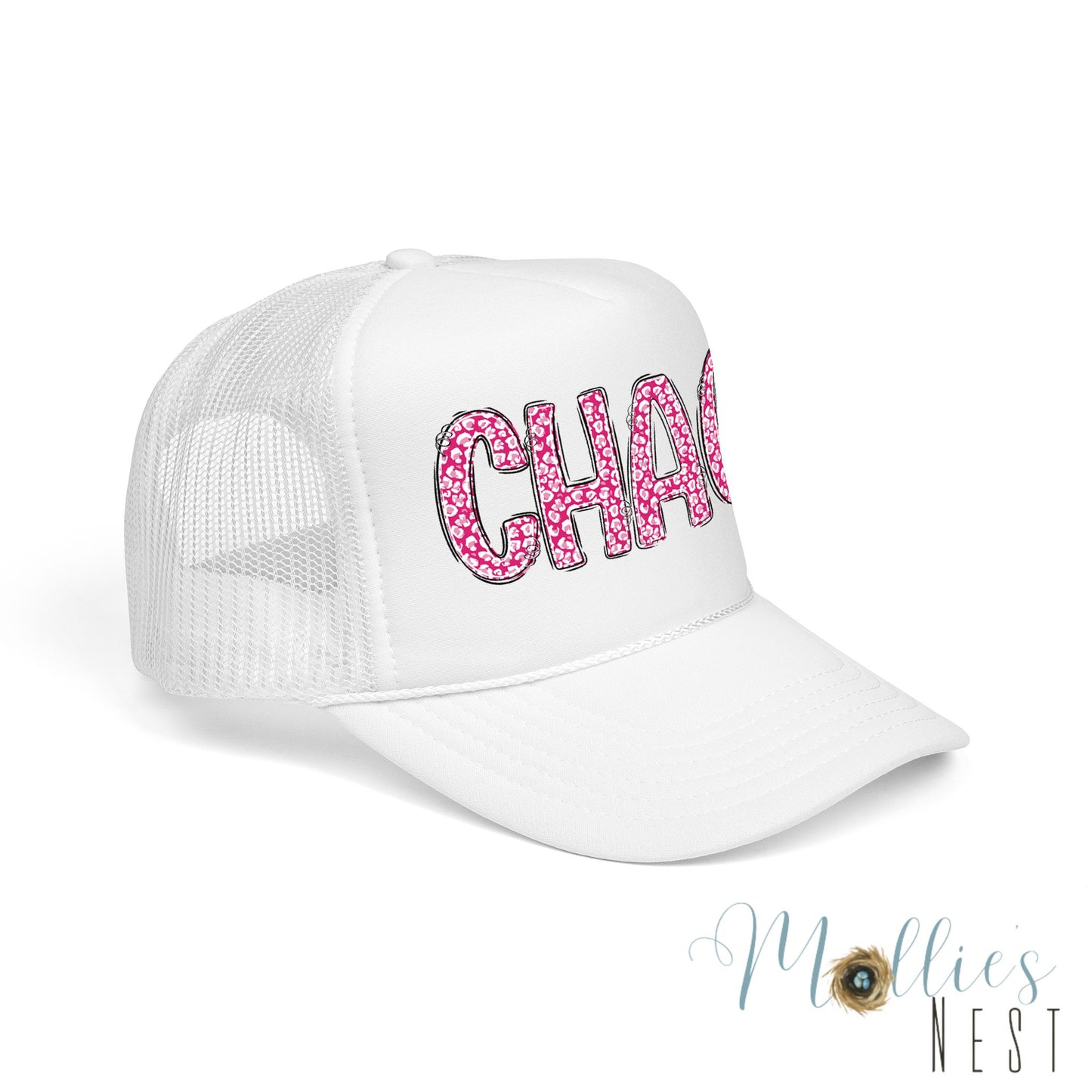 CHAOS Foam Trucker Hat — Pink Leopard Print Lettering Cap