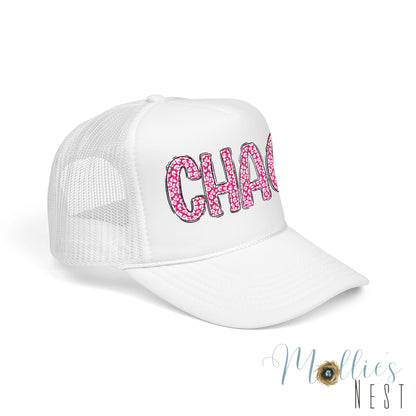 CHAOS Foam Trucker Hat — Pink Leopard Print Lettering Cap