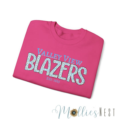 Valley View Blazers Crewneck Sweatshirt. Classic Blue Leopard