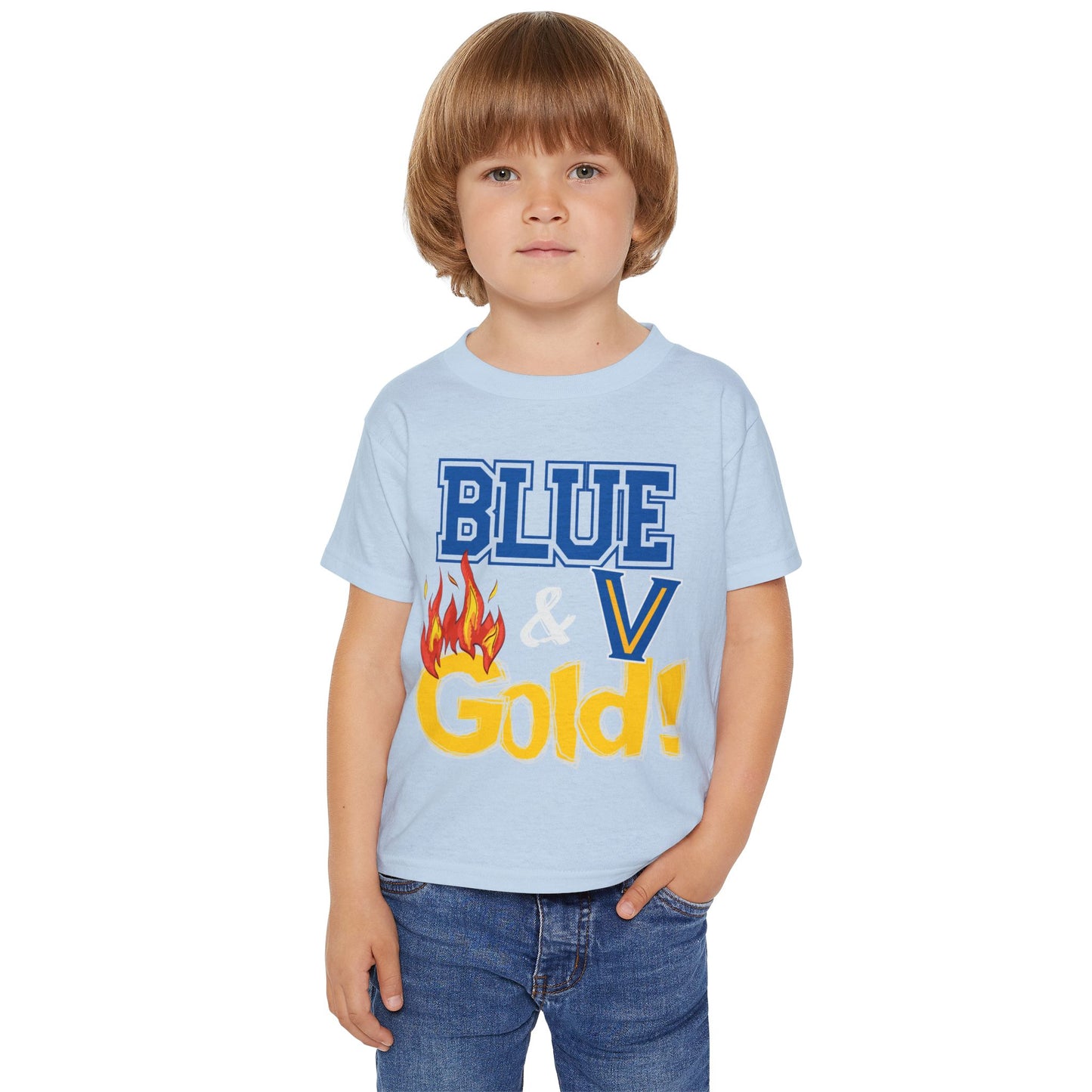 Heavy Cotton™ Toddler T-shirt. Blue & Gold Flame