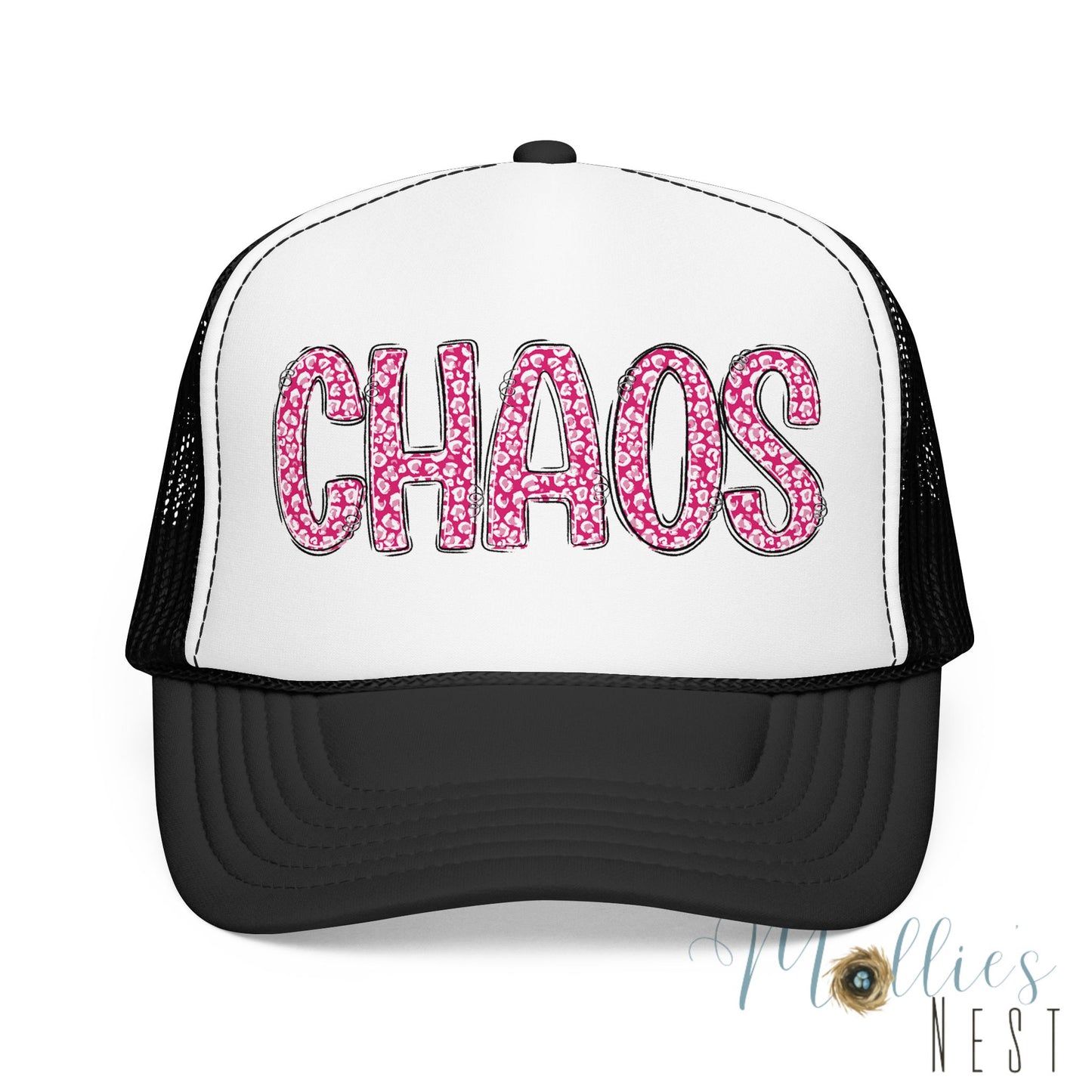 CHAOS Foam Trucker Hat — Pink Leopard Print Lettering Cap
