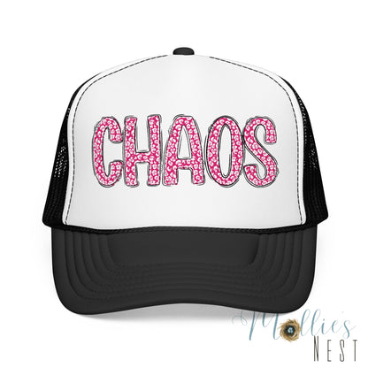 CHAOS Foam Trucker Hat — Pink Leopard Print Lettering Cap
