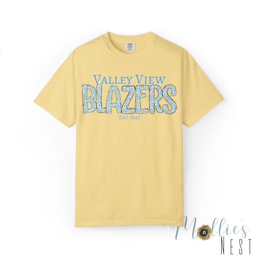 Blazers Blue Leopard Letters — 'Valley View Blazers' Comfort Colors T-Shirt