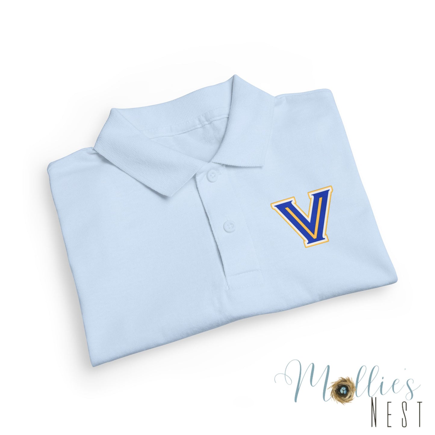 YOUTH. Valley View Polo Shirt with Gold & Blue 'V' LOGO - School Spirit DryBlend® - Printed (NOT EMBROIDERED)