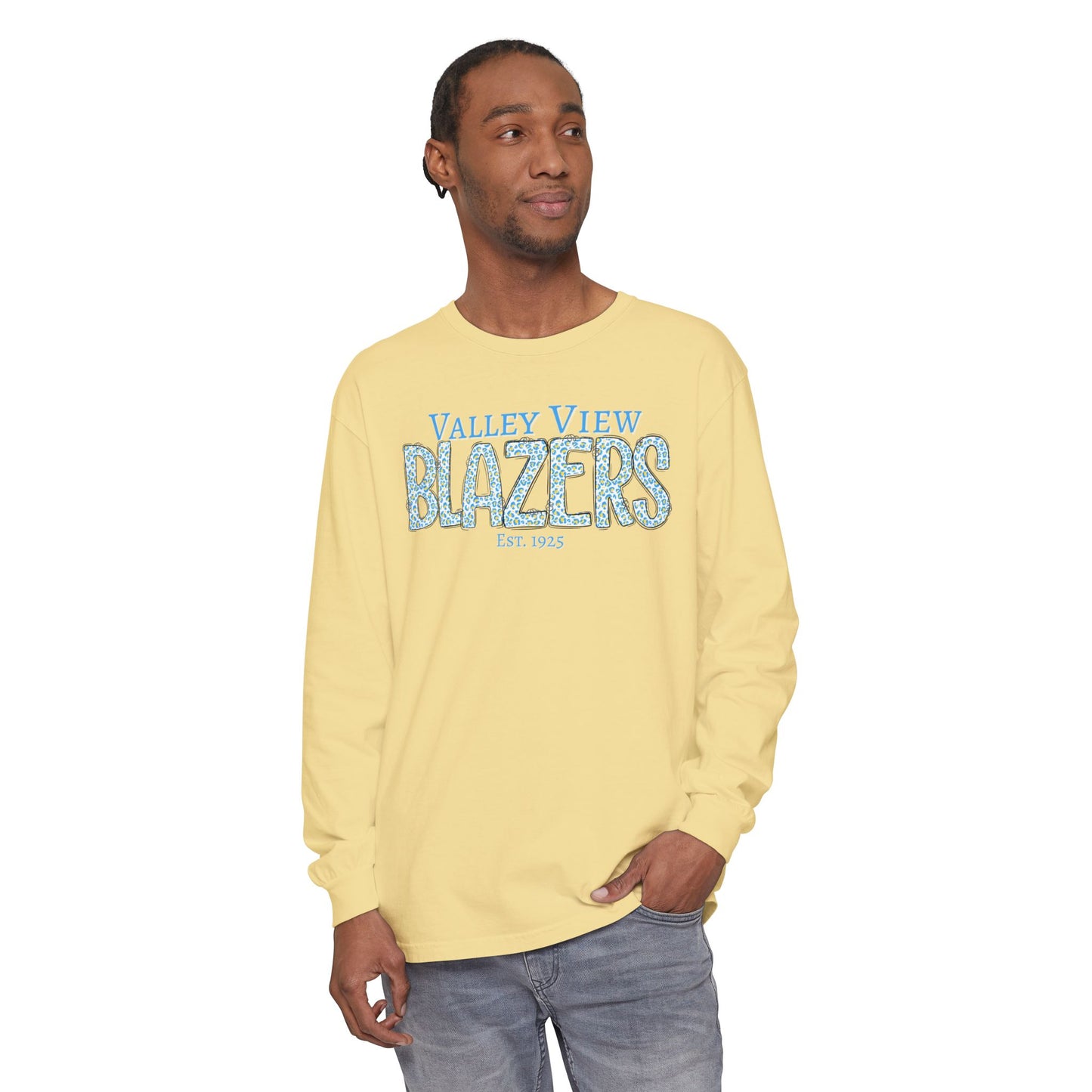Valley View Blazers Long Sleeve T-Shirt. Blue Leopard Letters