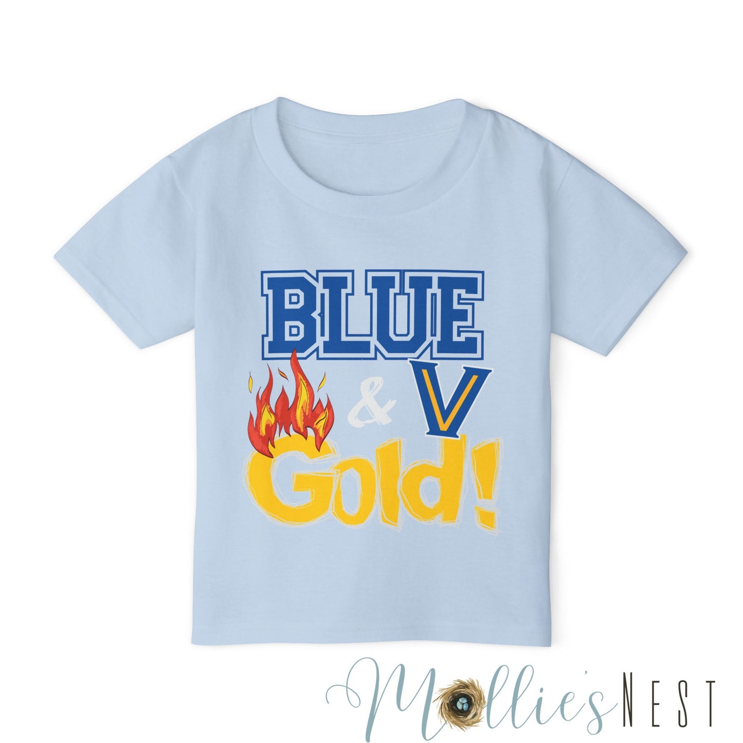 Heavy Cotton™ Toddler T-shirt. Blue & Gold Flame