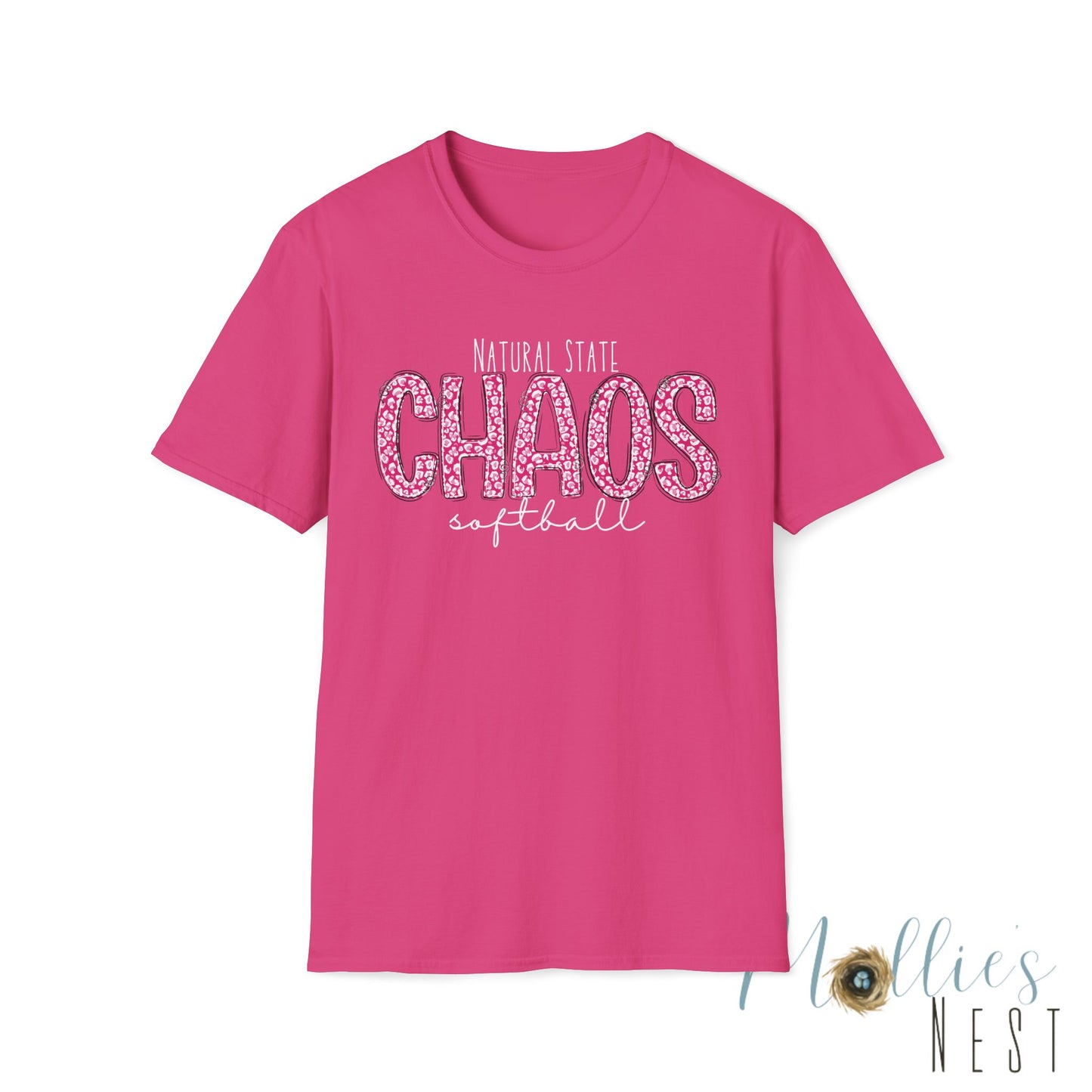 Chaos Softball T-Shirt — "Natural State Chaos" Pink Leopard Softball Tee
