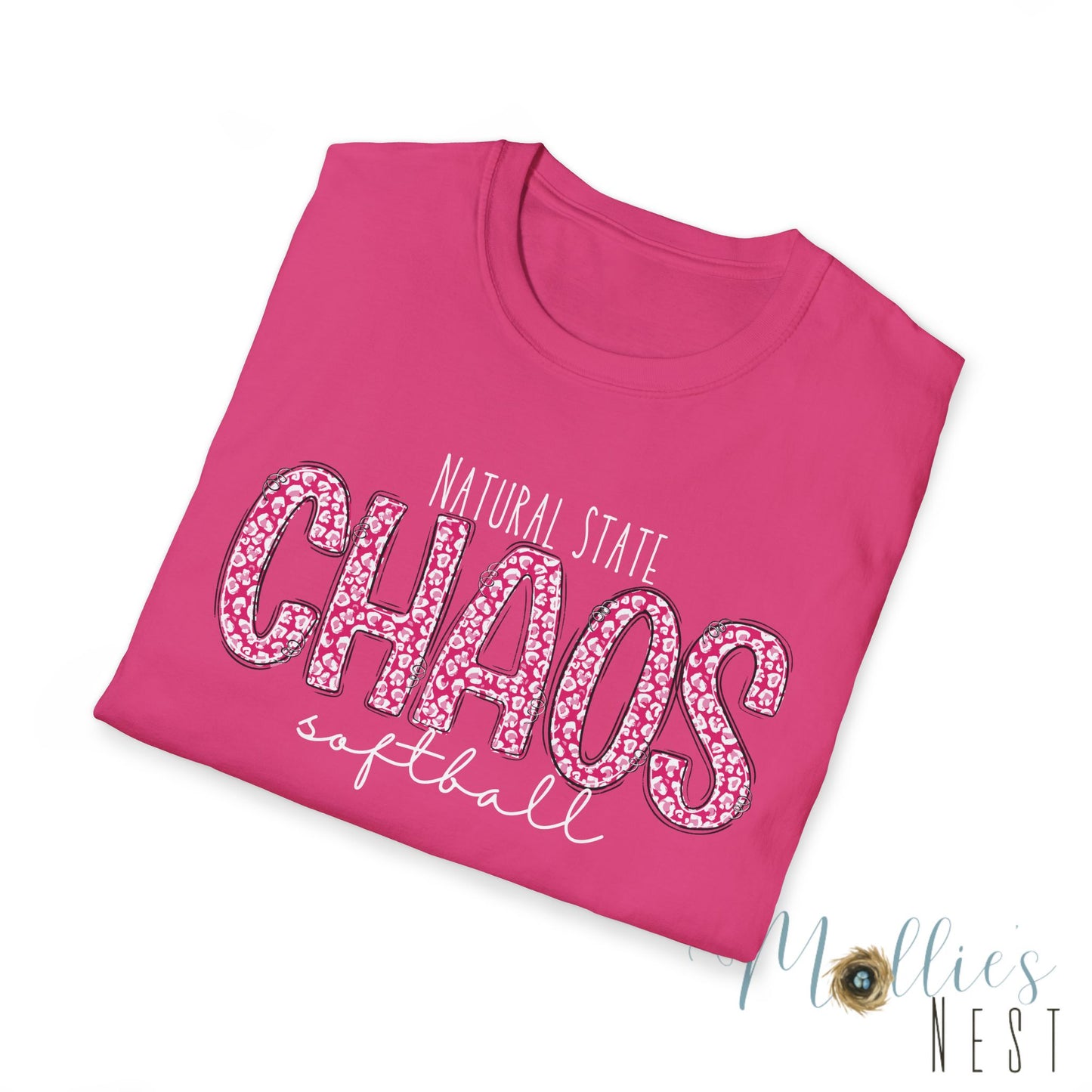 Chaos Softball T-Shirt — "Natural State Chaos" Pink Leopard Softball Tee