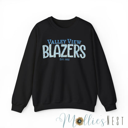 Valley View Blazers Crewneck Sweatshirt. Classic Blue Leopard