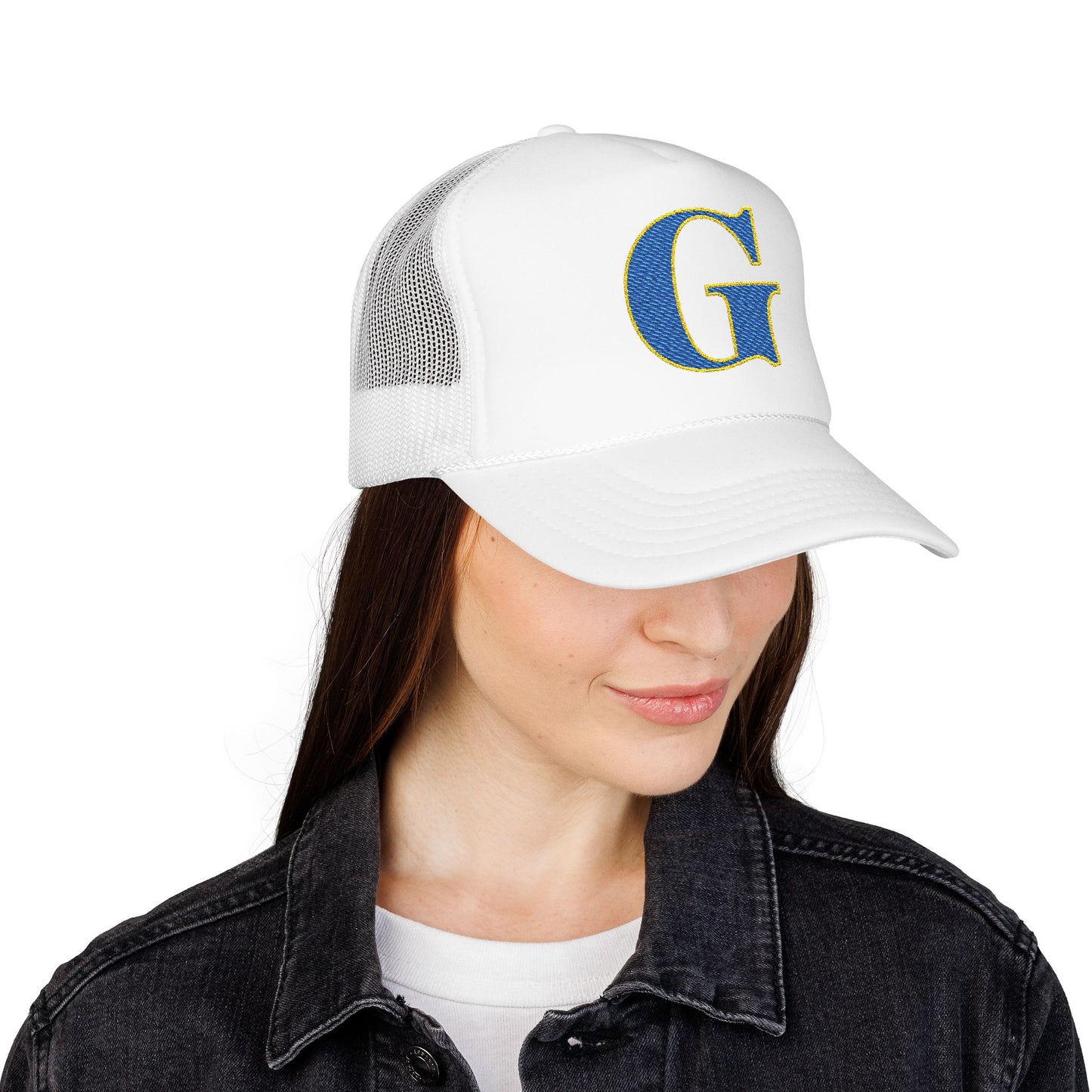 Embroidered Blue & Gold 'G' Trucker Hat — Monogram Letter Foam Cap - Gosnell