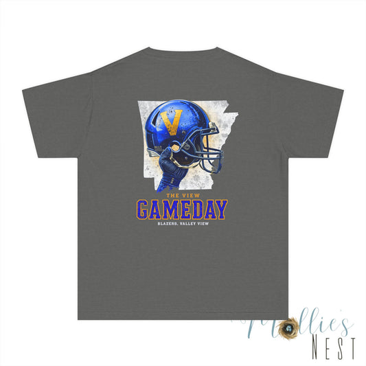 YOUTH. The View Gameday Football T-Shirt — Blue Helmet Vintage Style. MANNLY BRAND