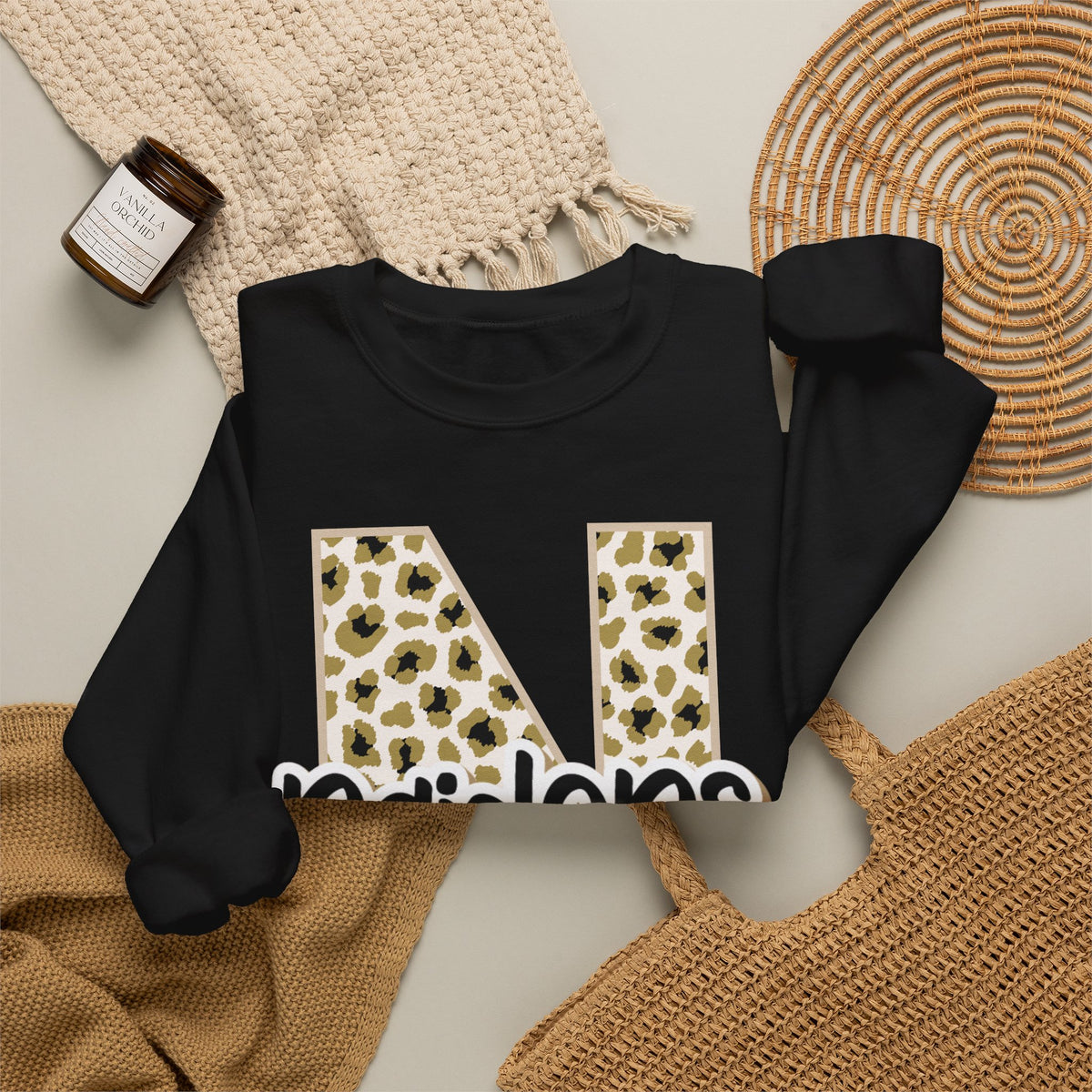 Nettleton Raiders Leopard Initial N Crewneck Sweatshirt. ADULT
