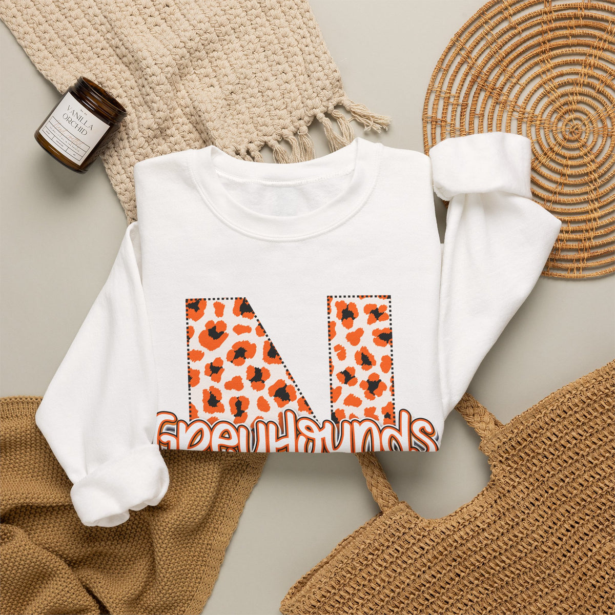 ADULT. Newport Greyhounds Leopard Print Letter N Crewneck Sweatshirt