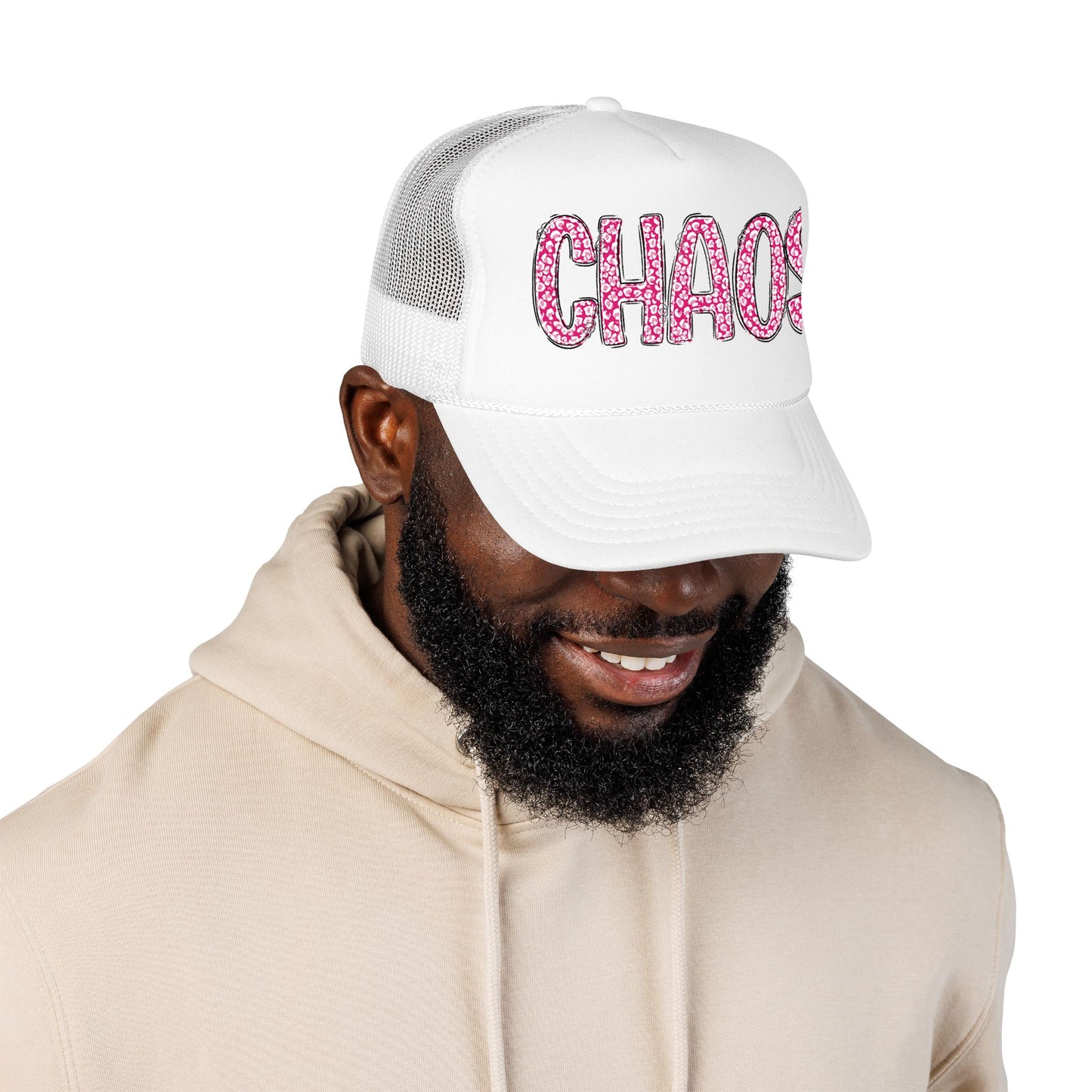 CHAOS Foam Trucker Hat — Pink Leopard Print Lettering Cap