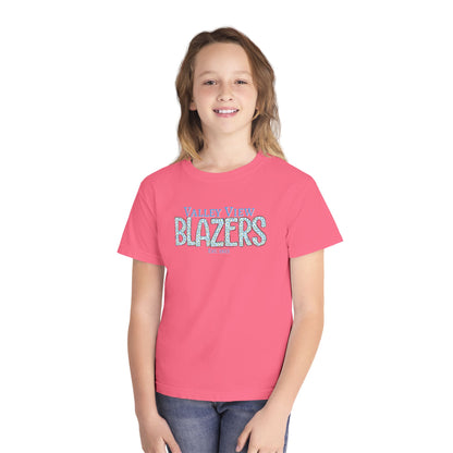 Valley View Blazers Youth Midweight Tee. Blue Leopard Letters