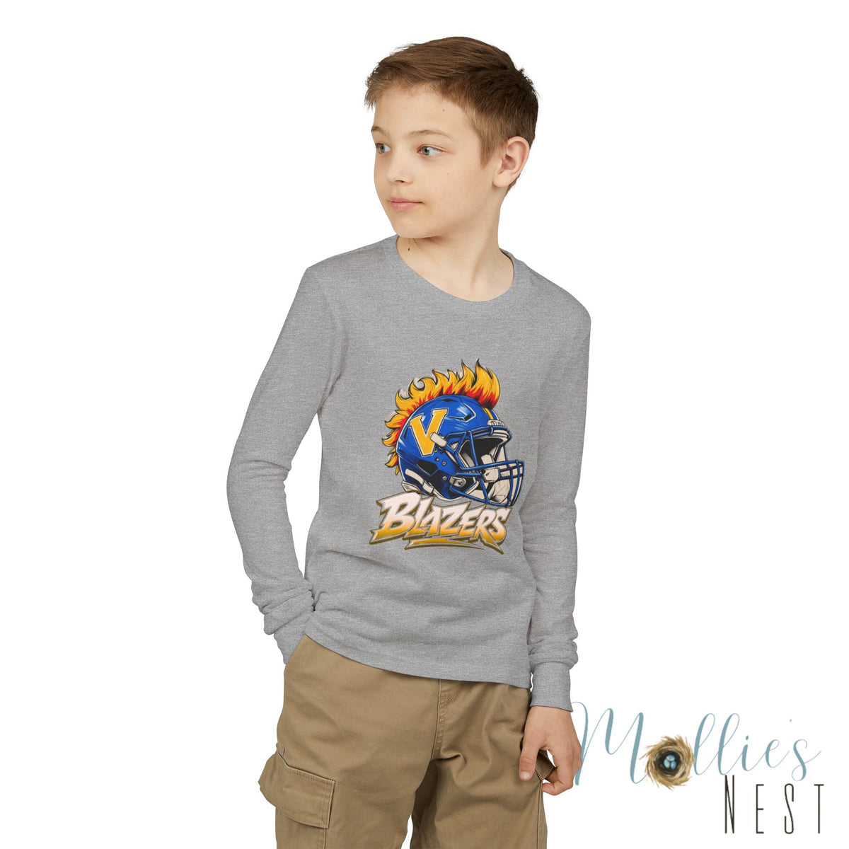 Youth Long Sleeve Tee — Blazers Flaming Football Helmet Graphic