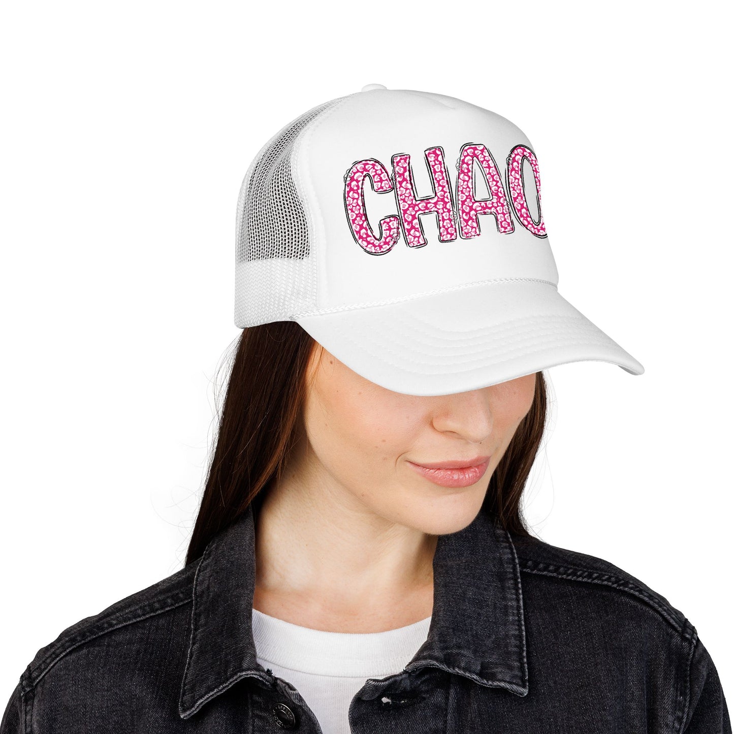 CHAOS Foam Trucker Hat — Pink Leopard Print Lettering Cap