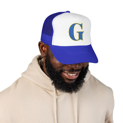 Embroidered Blue & Gold 'G' Trucker Hat — Monogram Letter Foam Cap - Gosnell