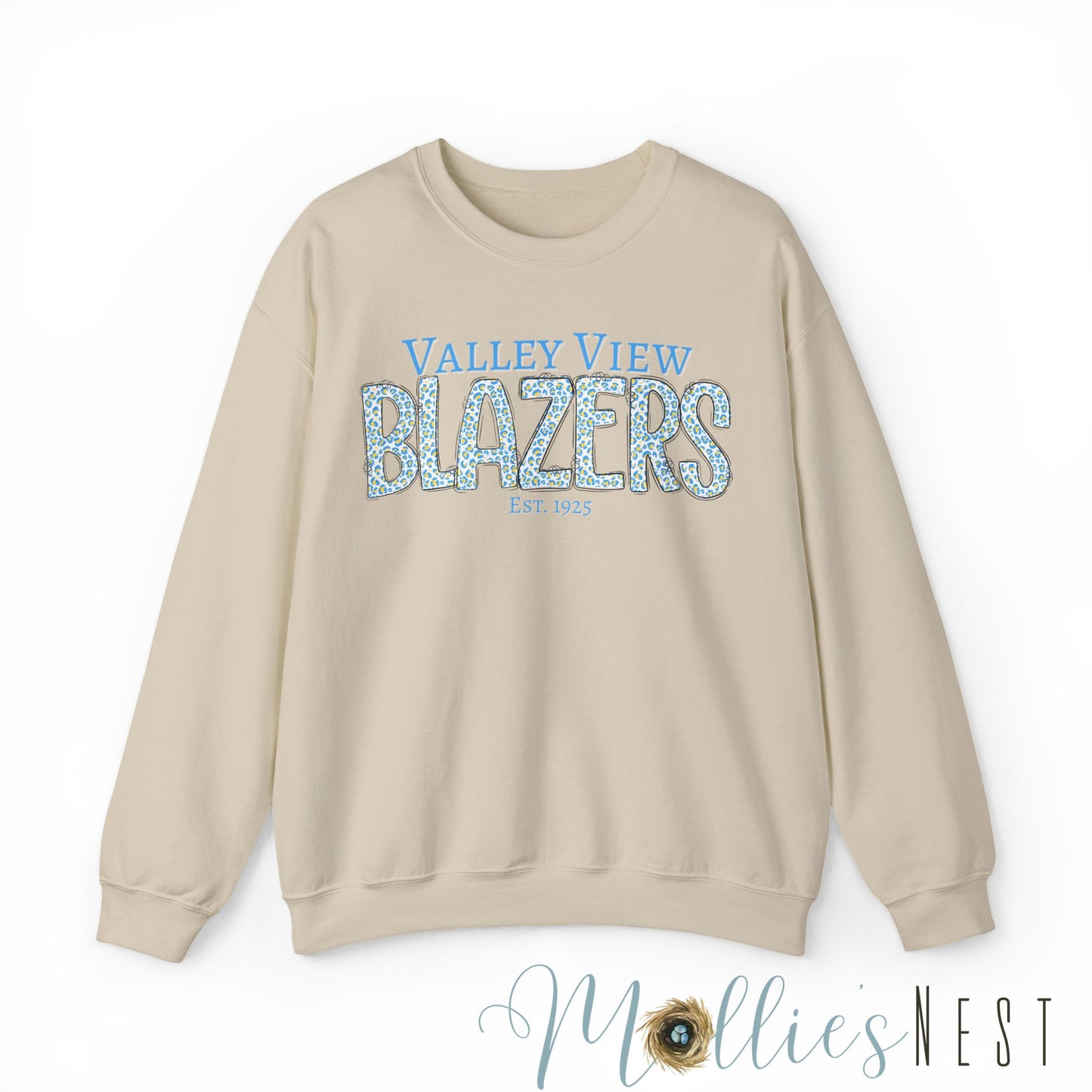 Valley View Blazers Crewneck Sweatshirt. Classic Blue Leopard