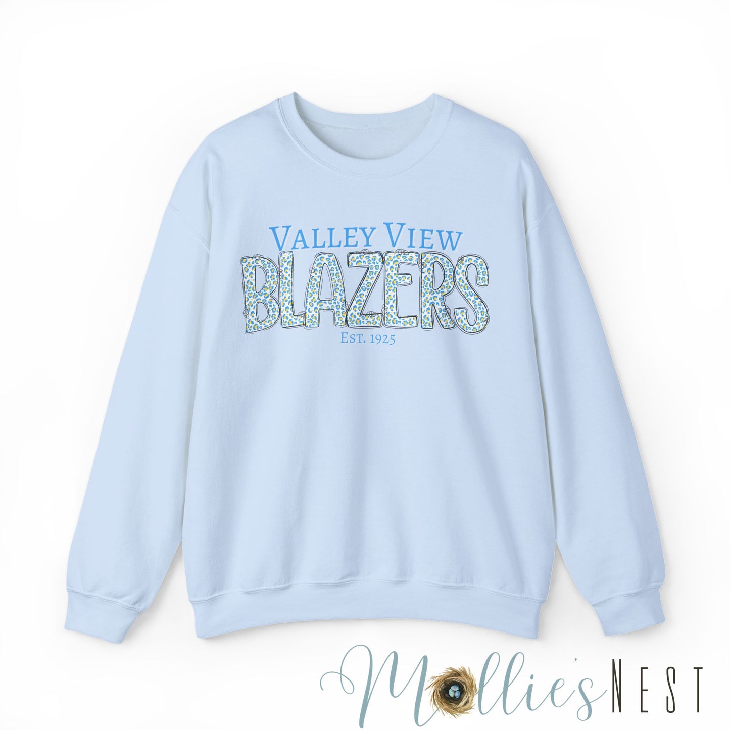 Valley View Blazers Crewneck Sweatshirt. Classic Blue Leopard