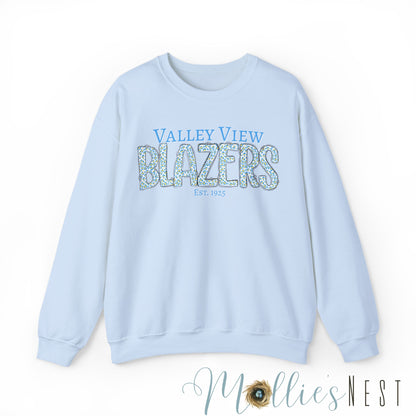 Valley View Blazers Crewneck Sweatshirt. Classic Blue Leopard