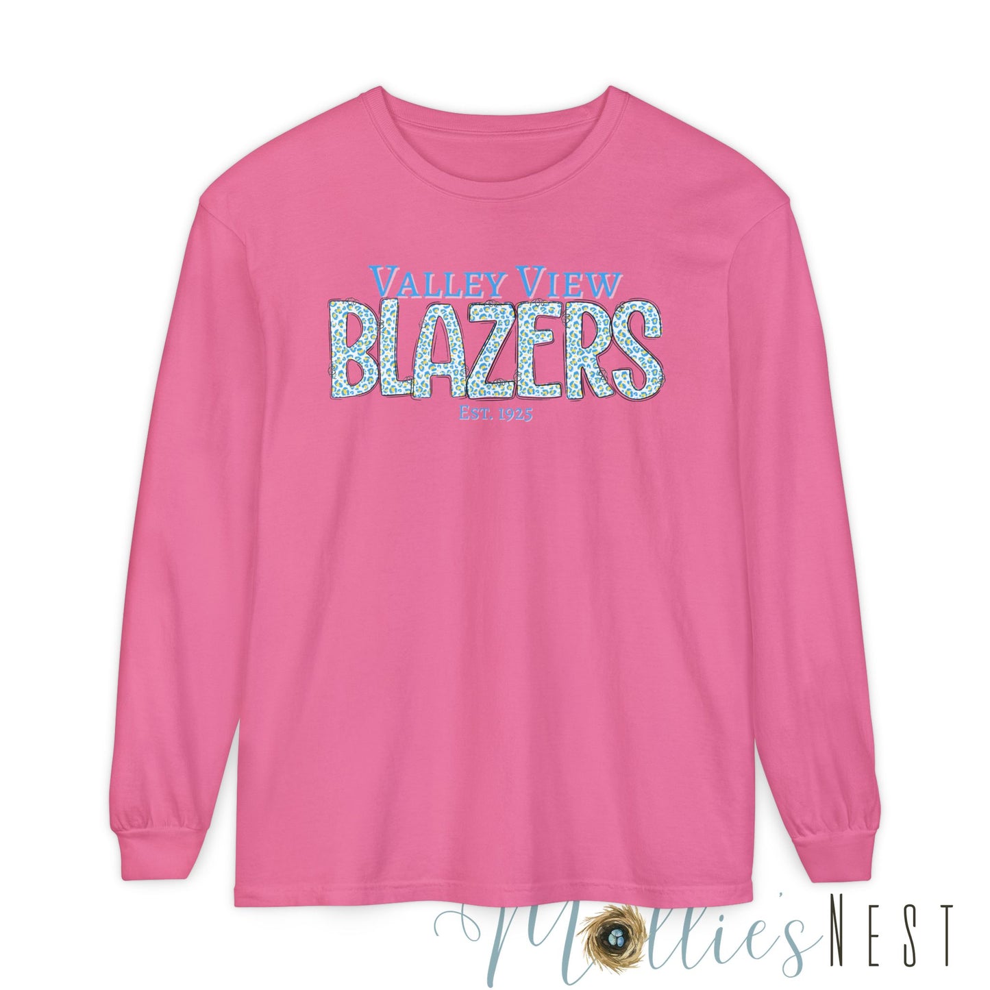 Valley View Blazers Long Sleeve T-Shirt. Blue Leopard Letters