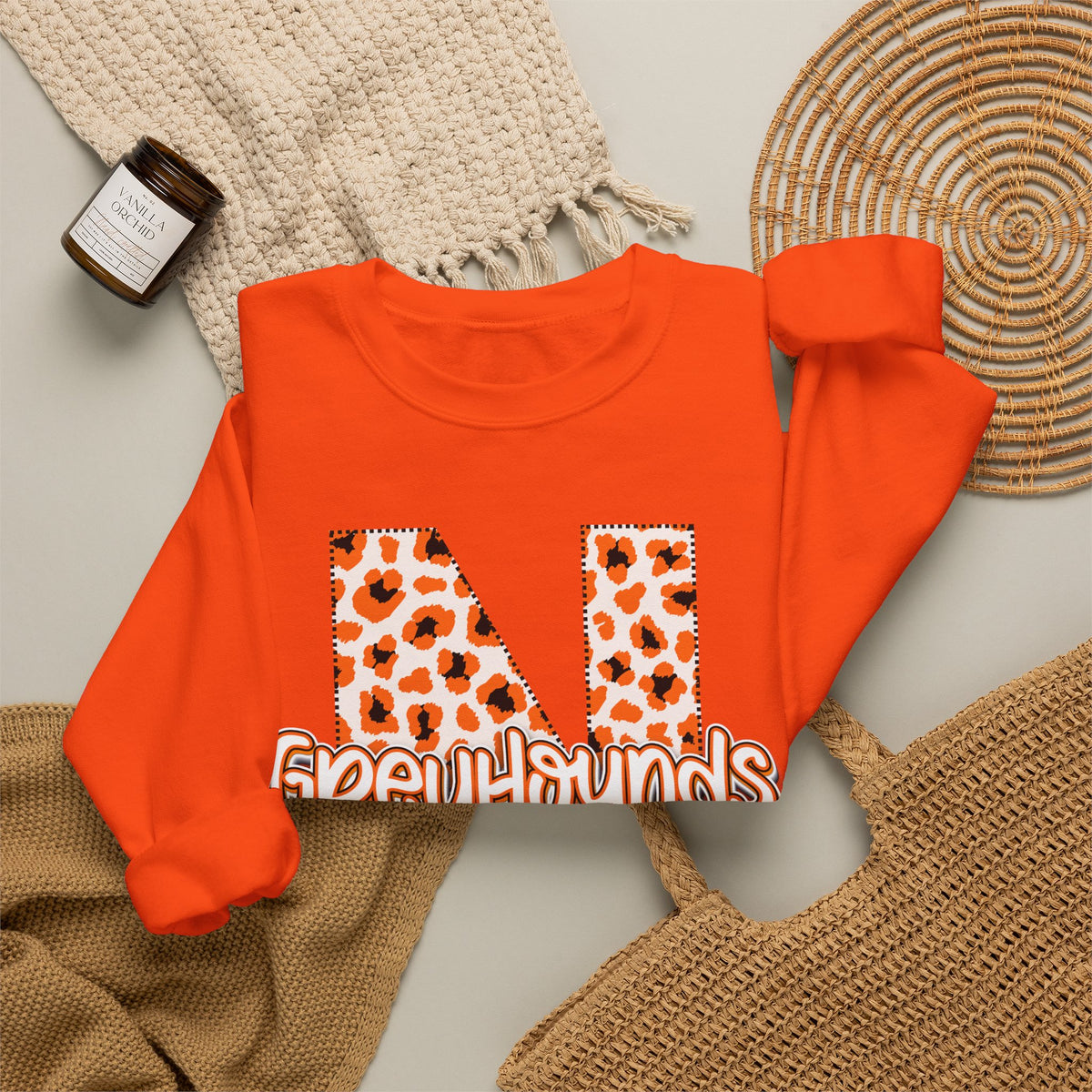ADULT. Newport Greyhounds Leopard Print Letter N Crewneck Sweatshirt