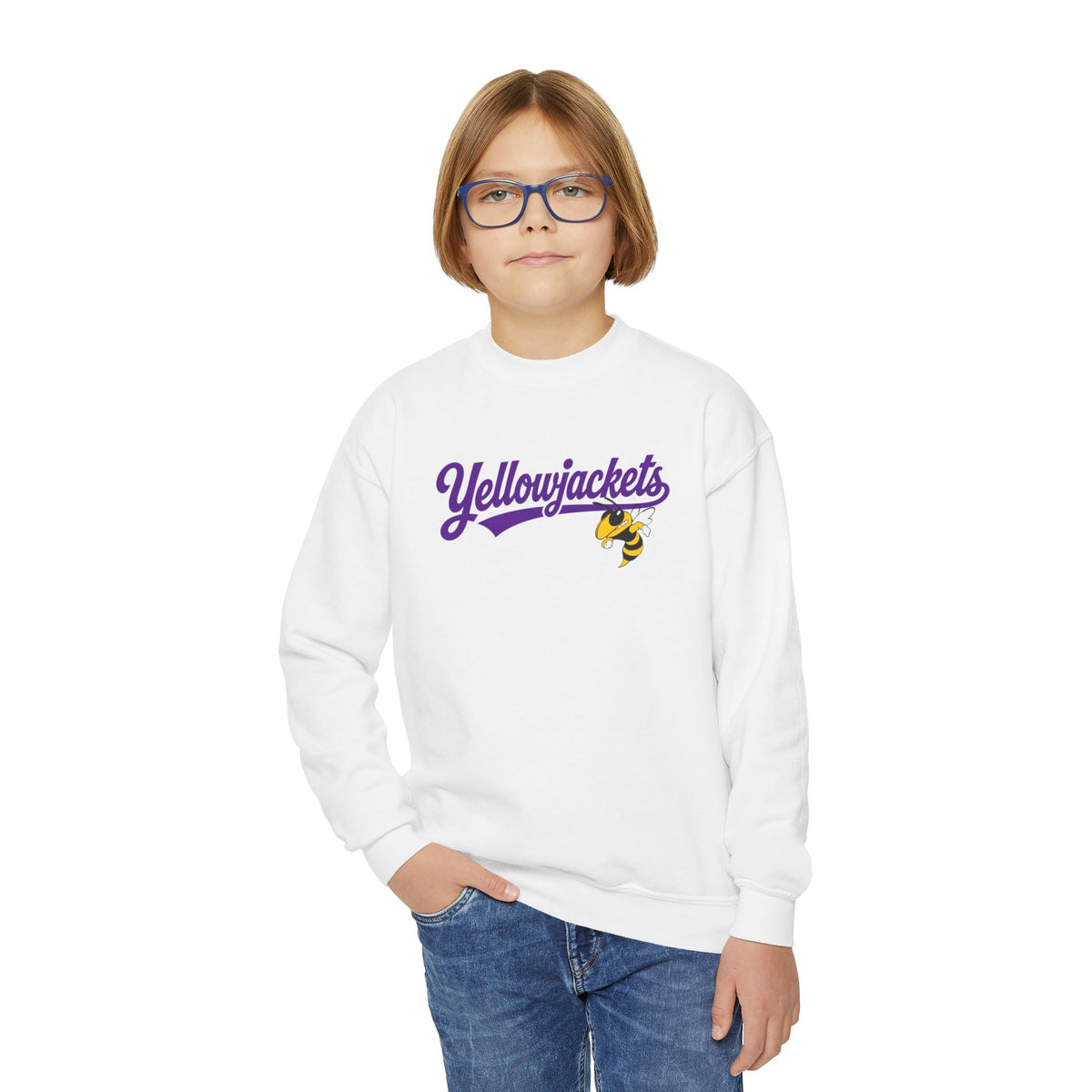 Youth Crewneck Sweatshirt - "Yellowjackets" Script Logo with Mascot (School Spirit Apparel)