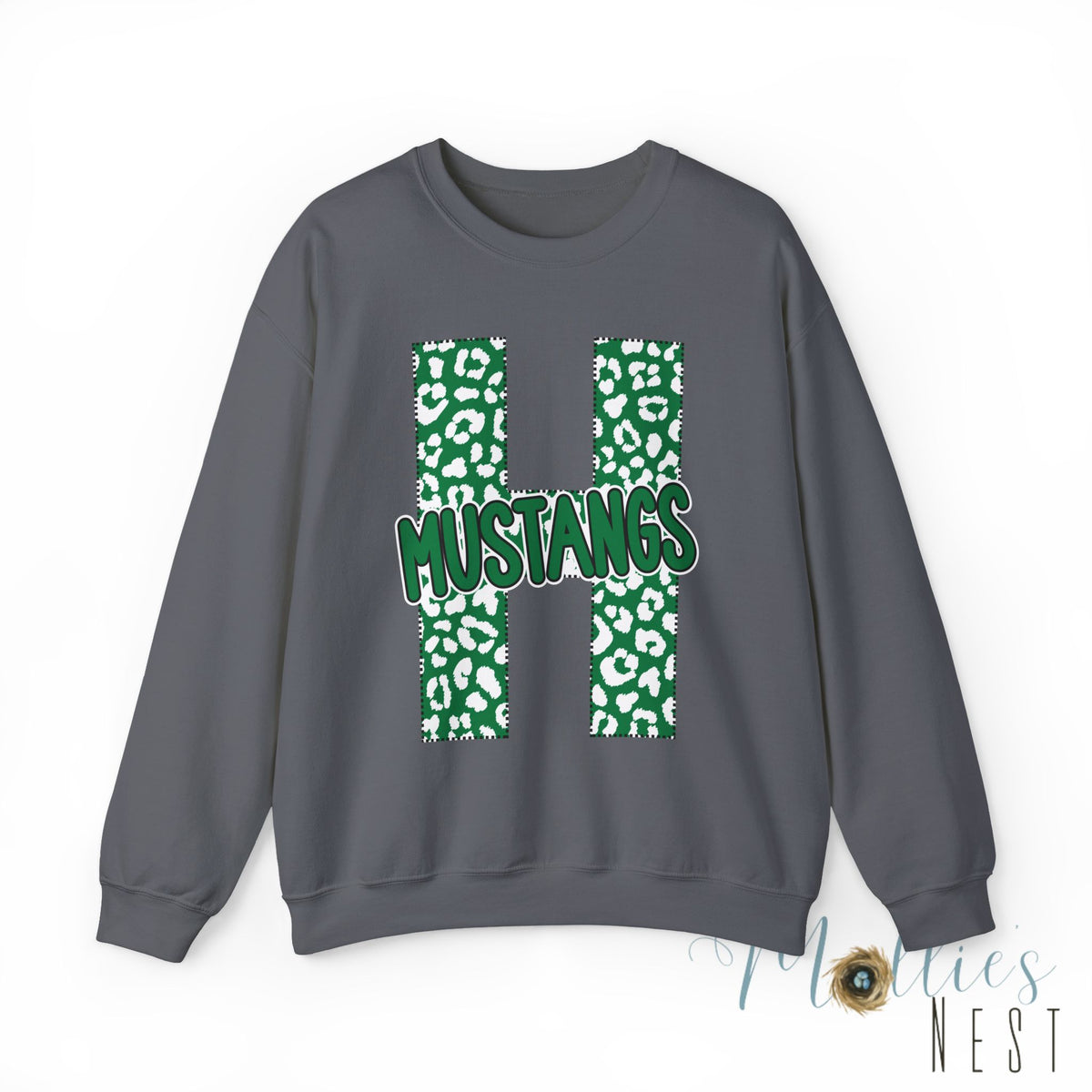 Adult. Hoxie Mustangs Leopard Print H Crewneck Sweatshirt