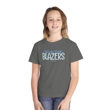 Valley View Blazers Youth Midweight Tee. Blue Leopard Letters