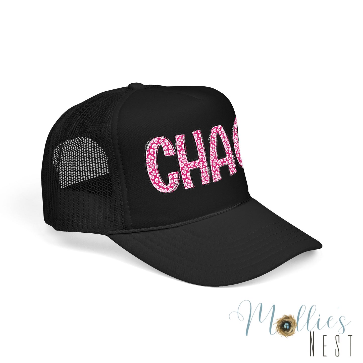 CHAOS Foam Trucker Hat — Pink Leopard Print Lettering Cap
