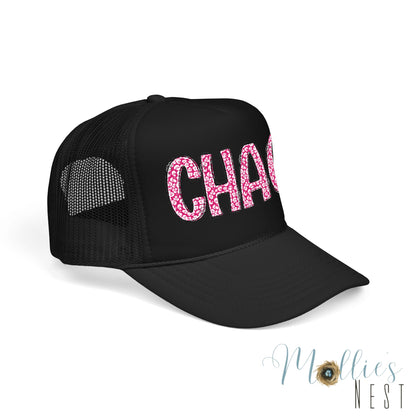 CHAOS Foam Trucker Hat — Pink Leopard Print Lettering Cap
