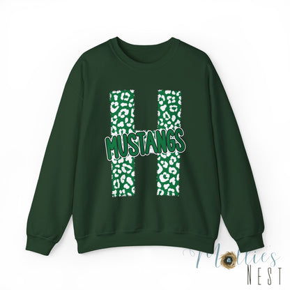 Adult. Hoxie Mustangs Leopard Print H Crewneck Sweatshirt