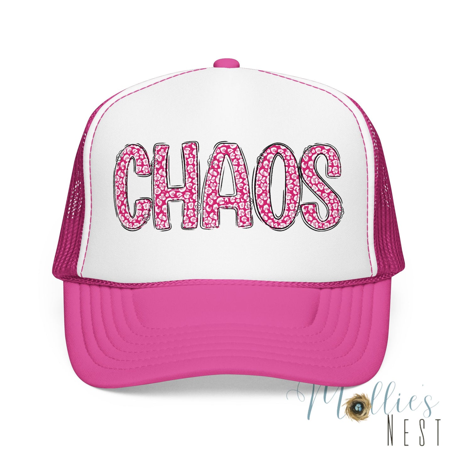 CHAOS Foam Trucker Hat — Pink Leopard Print Lettering Cap