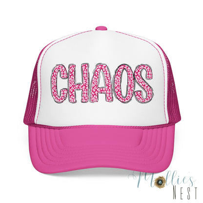 CHAOS Foam Trucker Hat — Pink Leopard Print Lettering Cap