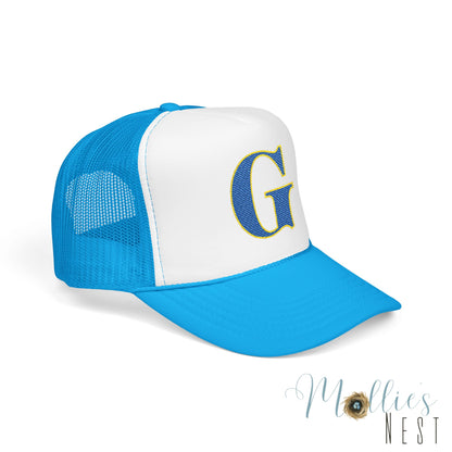Embroidered Blue & Gold 'G' Trucker Hat — Monogram Letter Foam Cap - Gosnell