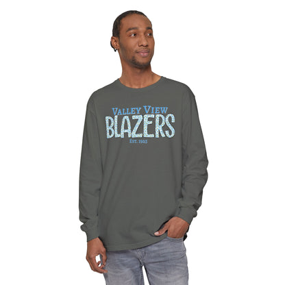Valley View Blazers Long Sleeve T-Shirt. Blue Leopard Letters