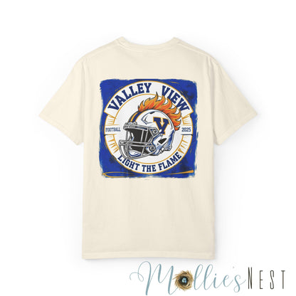 Valley View Light the Flame Football Helmet T-Shirt | Unisex Garment-Dyed Tee for Football Fans, Game Day Shirt, Sports Apparel, Casual Wear