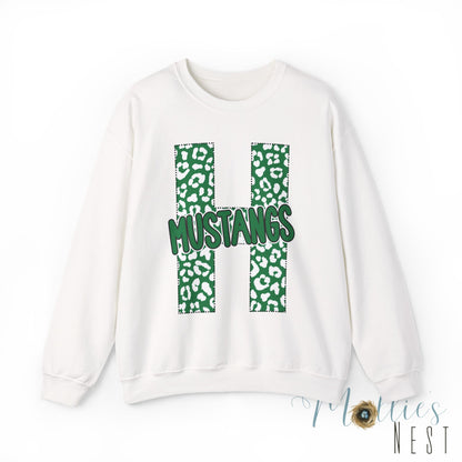 Adult. Hoxie Mustangs Leopard Print H Crewneck Sweatshirt