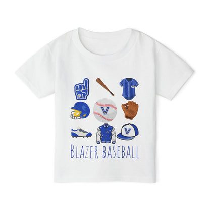 Toddler Baseball Tee — "Blazer Baseball" Team Gear (Blue Helmet, Glove & Bat). Valley View Baseball