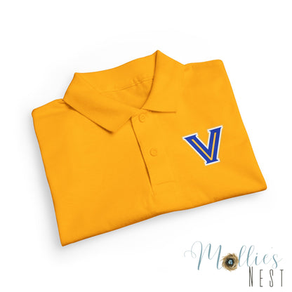 YOUTH. Valley View Polo Shirt with Gold & Blue 'V' LOGO - School Spirit DryBlend® - Printed (NOT EMBROIDERED)