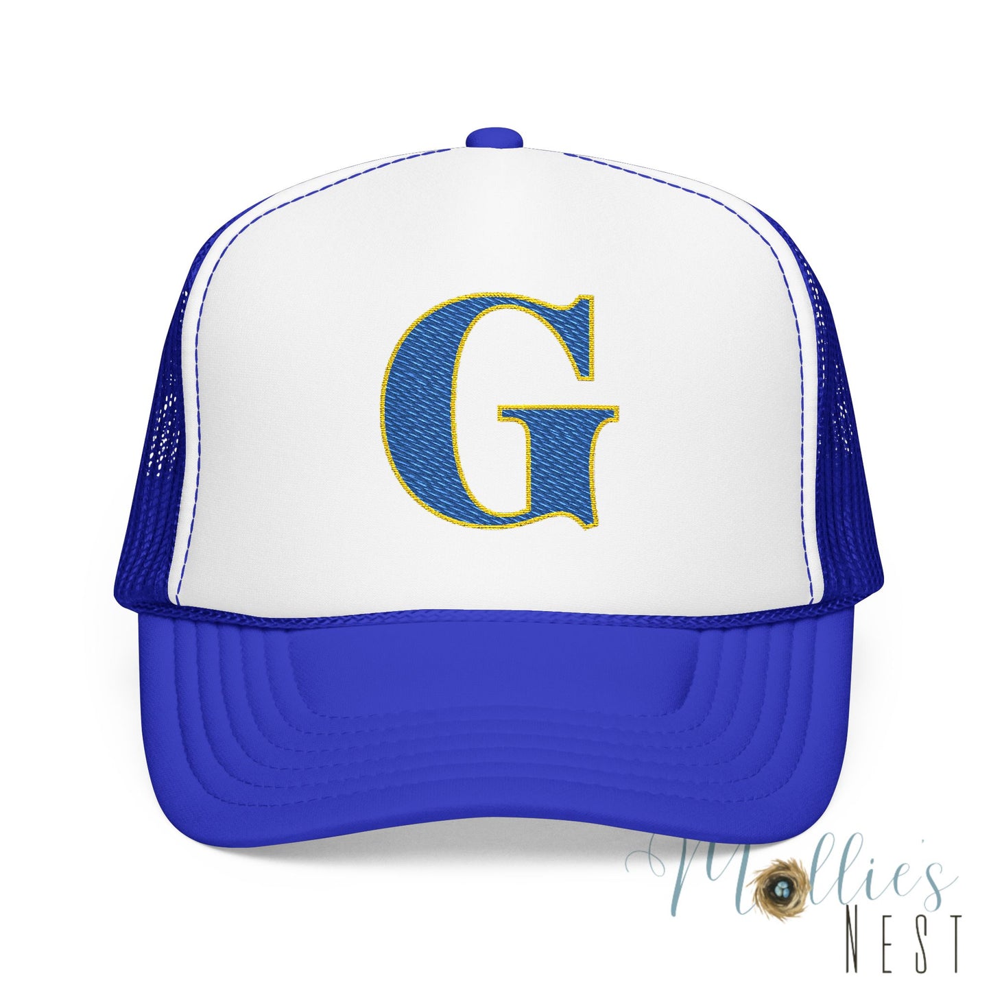 Embroidered Blue & Gold 'G' Trucker Hat — Monogram Letter Foam Cap - Gosnell