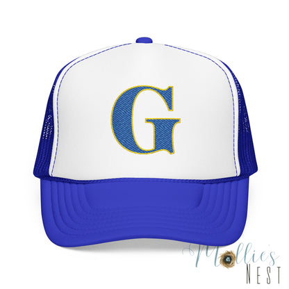 Embroidered Blue & Gold 'G' Trucker Hat — Monogram Letter Foam Cap - Gosnell