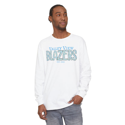 Valley View Blazers Long Sleeve T-Shirt. Blue Leopard Letters