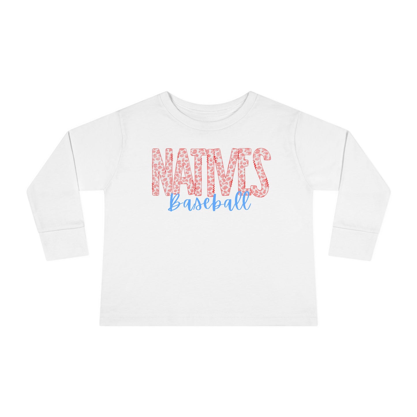 Natives Baseball Toddler Long Sleeve Tee. RED Leopard Letters