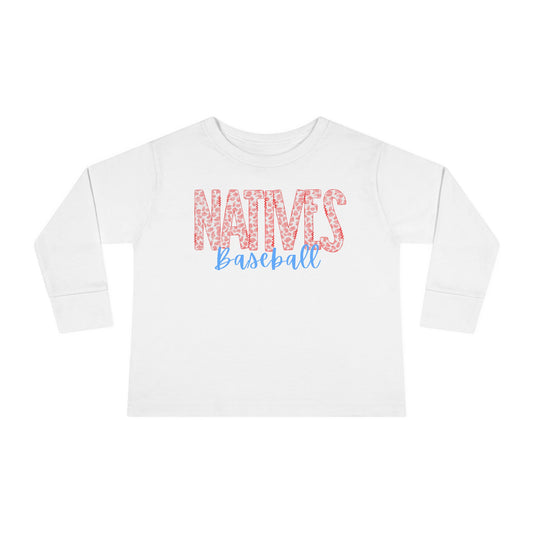 Natives Baseball Toddler Long Sleeve Tee. RED Leopard Letters