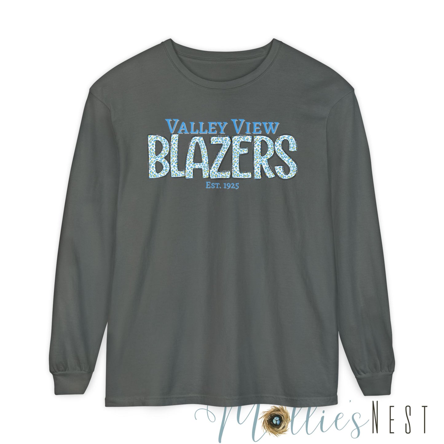 Valley View Blazers Long Sleeve T-Shirt. Blue Leopard Letters